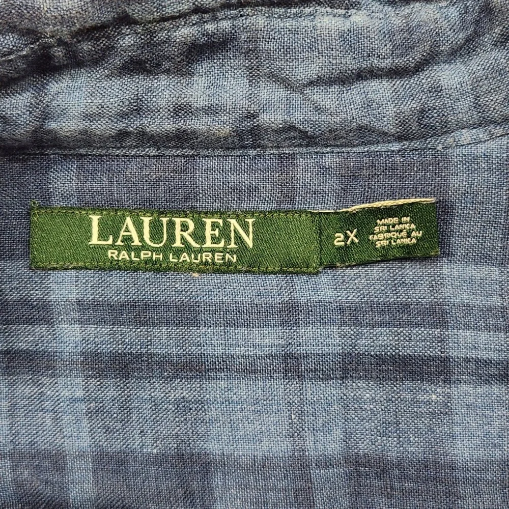 Lauren Ralph Lauren 100% Linen Button Up Tunic Women 2X Blue Plaid Prep Coastal
